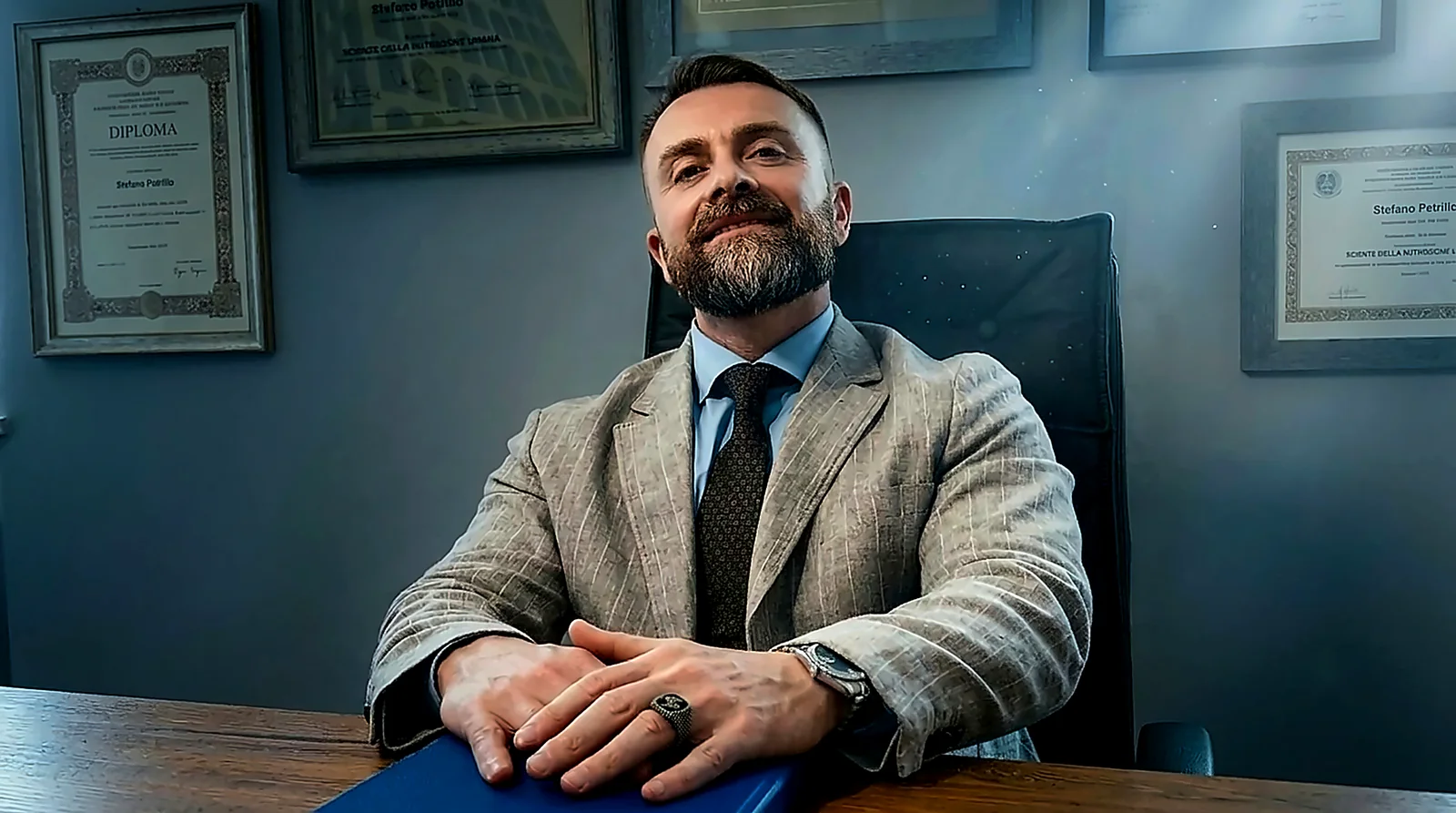 Il dr. Stefano Petrillo nel suo studio, seduto alla scrivania